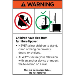 TV Safety Warning WARNING: Children have died from furniture toppling over. Always secure furniture to a wall.