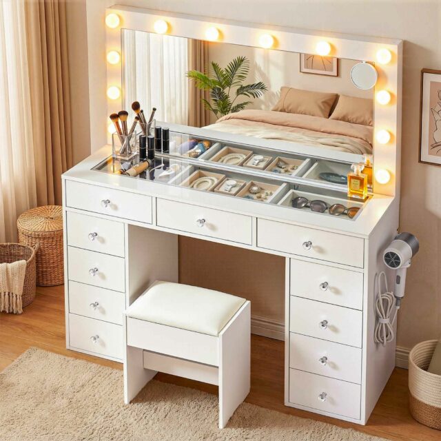 LED Vanity Desk with Hollywood-Style Mirror and Stool