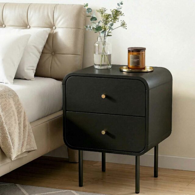 Black 2-Drawer Bedside Table with Metal Legs