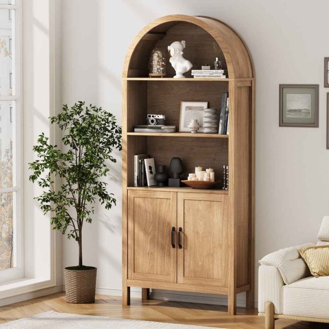 Natural arched bookshelf front view